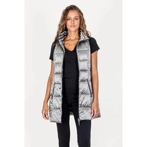 My Anorak Long Metallic Down Vest Womens XS Antique Silver Packable Puffer
